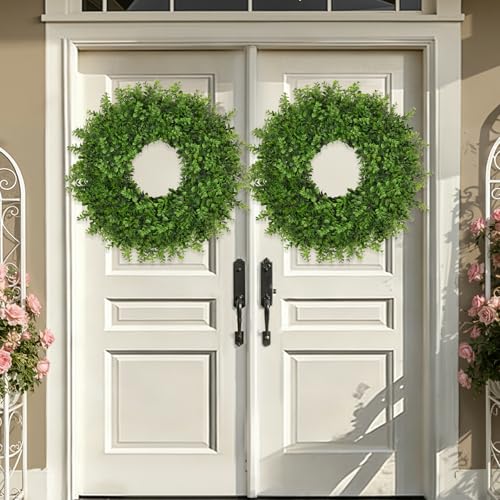 Image of 26 Inch Large Boxwoods Wreaths for Front Door Artificial Green Leaves Greenery Indoor Outdoor Wreath Home Decor Porch Window Wall Farmhouse Door Decorations Spring Summer Fall All Seasons