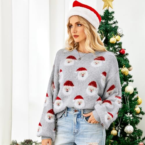 Image of Women's Christmas Top Long Sleeve Round Neck Santa Claus Knitted Sweater Pullover Top