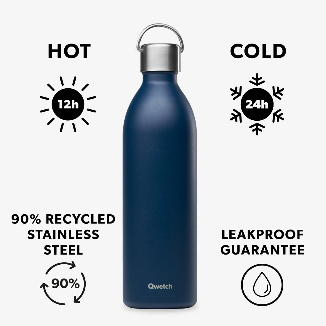 Qwetch - Active Insulated Bottle Navy Blue 1L - Stainless Steel Recycled Handle Flask - 24h Cold & 12h Hot - Leakproof & Compact - Image 2