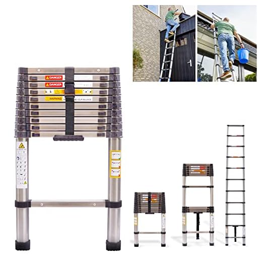 Telescopic Folding Ladder 3.2M/ 10.5FT Multi Purpose Collapsible Loft Ladders, Portable Stainless Steel Ladder Heavy Duty Sturdy Straight Ladders