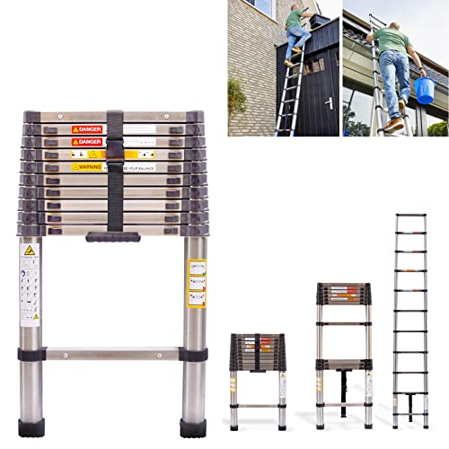 Telescopic Folding Ladder 3.2M/ 10.5FT Multi Purpose Collapsible Loft Ladders Portable Stainless Steel Ladder Heavy Duty Sturdy Straight Ladders