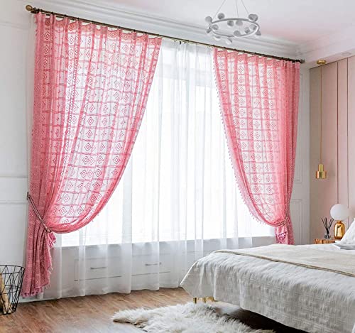 MGEMJMJ Cortina hecha a mano de ganchillo para sala de estar, dormitorio, ventana de bahía, cortina con acabado de tejido de algodón (tamaño: 180 x 260 cm), color: rosa enganche)