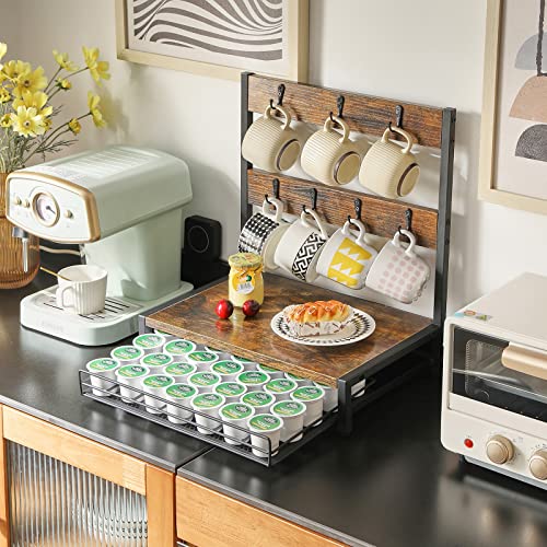 Ibuyke Coffee Pod Drawer, Rustic Coffee Mug Holder Stand, 35 Capsule Capacity, Coffee Station Organizer With Mug Hooks, 2 Tier Countertop Mug Tree Holder Rack Tcj003H #TOP1