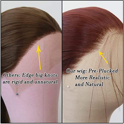BTWTRY Reddish Brown Synthetic Lace Front Wig Long Straight Auburn Brown Lace Front Synthetic Wig Pre Plucked Natural Hairline Glueless Heat Resistant Fiber Hair Wig for Fashion Women (Reddish Brown) - Thumbnail 3