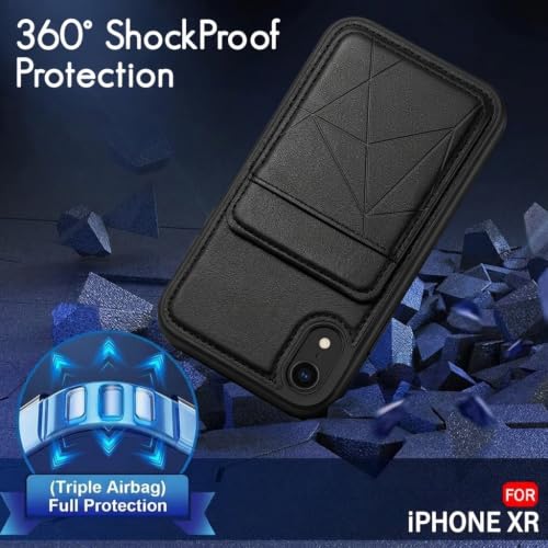 Image of amazon basics Premium Vegan Leather Back Cover with Card Holder and Integrated Mobile Stand for iPhone XR - Slim Shockproof Wallet Case with Geometric Stitching [Black]