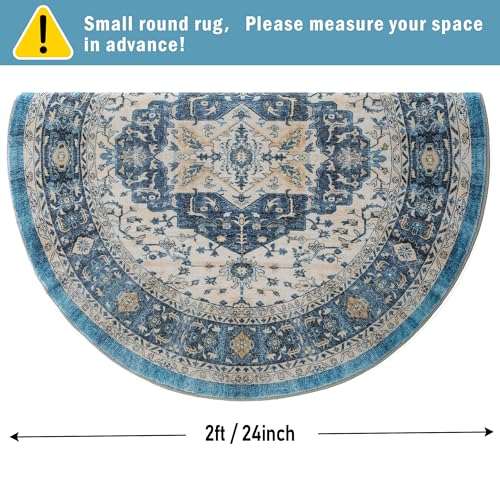 Image of Carvapet Vintage 24 inch /61 cm Small Round Rugs Non-Slip Washable Circle Rug with Rubber Backing Foldable Low Pile Design for Living Room Bedroom, 2ft Dark Blue Mini Rug