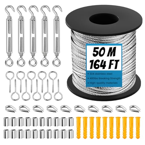 Wire Rope Stainless Steel Set, 50 m Steel Cable for Trellis with M5 Turnbuckle Rope Tensioner, Eye Screw, Rope Thimbles, Aluminium Rope Clamps, Wire Rope Trellis for Curtain Rope, Washing Lines