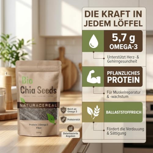 Naturacereal Bio Chia Samen 1kg - Premium Chiasamen aus biologischem Anbau - Vegan & Glutenfrei - Reich an Omega-3, Protein & Ballaststoffen - Superfood für Müsli