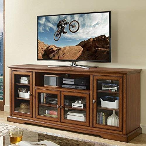 Image of Sheesham Solid Wood TV Cabinet for Living Room | Handcrafted Wooden TV Unit with Storage | Elegant Entertainment Stand for Modern Homes (Glass Tv Cabinet, Teak)