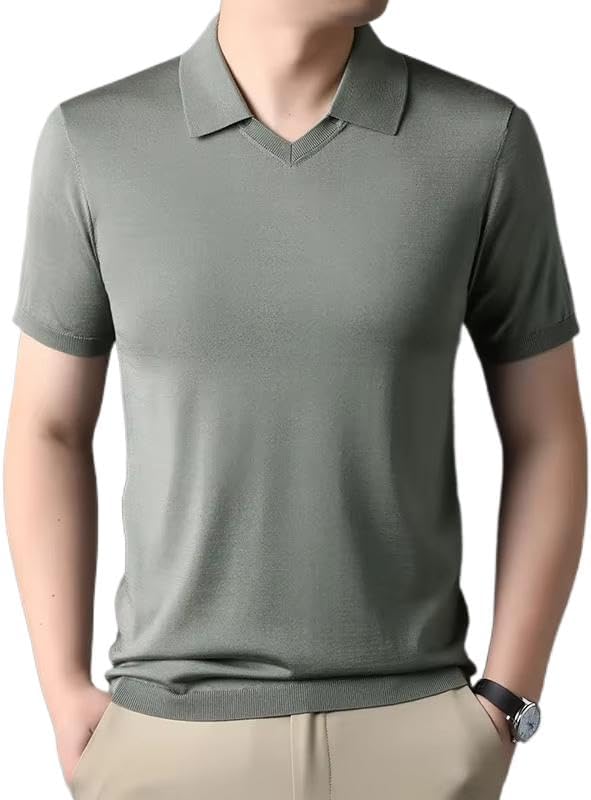 Men's Short-Sleeved Thin Sweater Lapel Casual Knitted T-Shirt