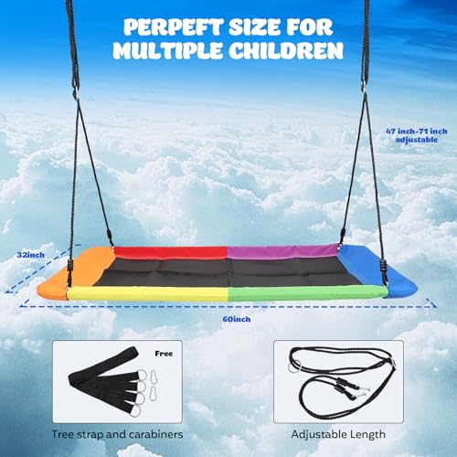 Image of 60 inch Rectangular Giant 800lbs Tree Swing for Kids and Adults,Waterproof & Durable,Heavy Duty Large Outdoor Tree Swing with 2 Hanging Straps