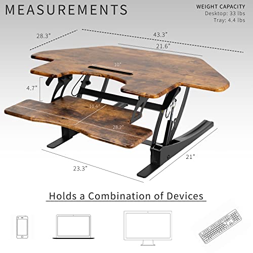 Image of VIVO Rustic Vintage Brown 43 inch Corner Desk Converter, DESK-V000VCN | Large, Height Adjustable, Stand Up Desk Riser, Wide Keyboard Tray, Dual Monitor and Laptop Workstation, Black Frame, V Series