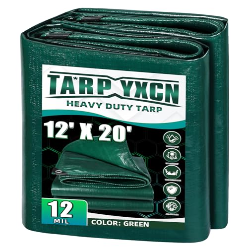 TA*RP YXCN Green Heavy Duty Tarp 12x20 Feet, 12 Mil Thick Waterproof Poly Tarps Cover UV Resistant, Rip & Tear Proof with Metal Grommets Every 20 Inche