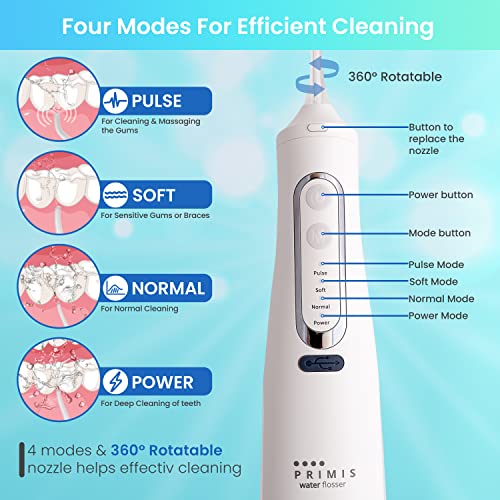 PRIMIS-Water-Flosser-for-Teeth-Cordless-IPX7-Waterproof-with-4-Modes-Large-310ML-Tank-6-Jet-Tips-USB-Rechargeable-Oral-Irrigator-for-Travel-Home-use-Plaque-Remover-for-Teeth-White-White