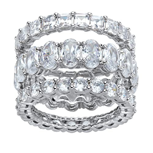 Palm Beach Jewelry Platinum Plated Oval Round and Princess Cut Cubic Zirconia 3 Piece Stackable Eternity Ring Set