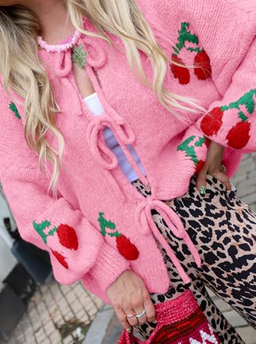 Image of chouyatou Women's Cute Y2K Cherry Tie Knot Cardigan Casual Loose Crewneck Chunky Knit Sweater Cardigan