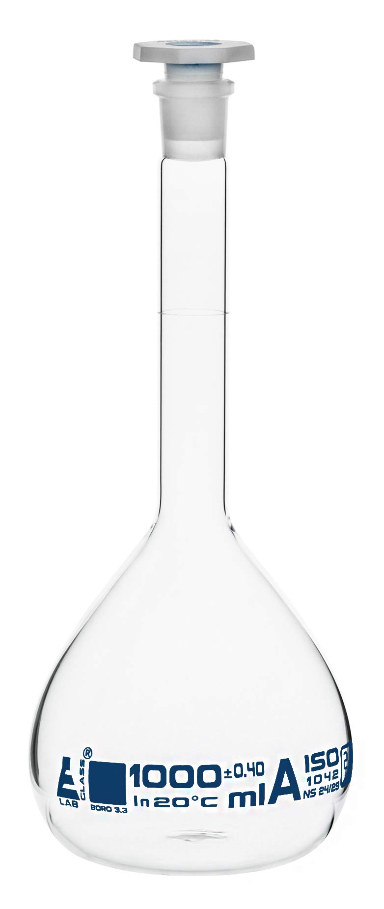 EISCO Termo volumétrico, 1000 ml, clase A, tolerancia ± 0,40 ml, tapón de polipropileno intercambiable, 24/29, individual, graduación blanca, con certificado de trabajo individual, vidrio de