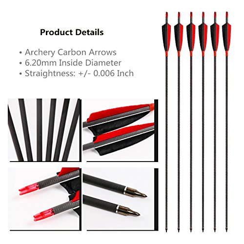 Archery Carbon Arrows 400 Spine With 4" Real Feather Fletching 100 Grain Points For Compound Recurve Longbow (12 Pack) (29 Inch Arrows) #TOP3