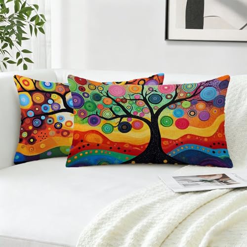 Image of Colorful Outdoor Cushions Waterproof, Tree Of Life Cushion Covers 30x50 Set of 2 Velvet Throw Pillow Double-Sided with Invisible Zipper Pillow Covers for Livingroom Bedroom Garden Cushions, Cod-325