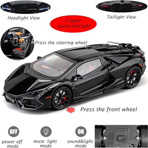 Auto coleccionable 1:24 Lambo Revuelto negro con luz y sonido miniatura 3