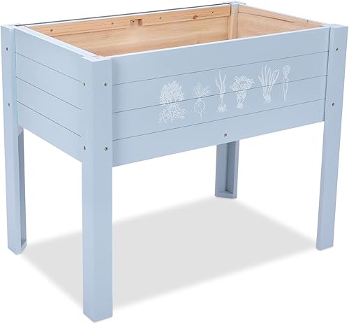 Miniatura 8 de Cama de jardín elevada para niños, 30 x 24 x 18 pulgadas, cama de jardín elevada de madera para niños, jardinera al aire libre con patas y pizarra