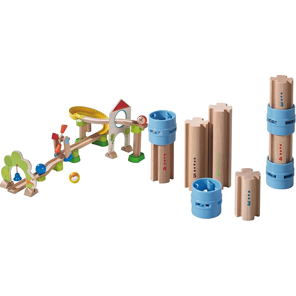 HABA 300438 - Kugelbahn Kullerbü - Windradbahn & 300850 Kullerbü Ergänzungsset Säulen