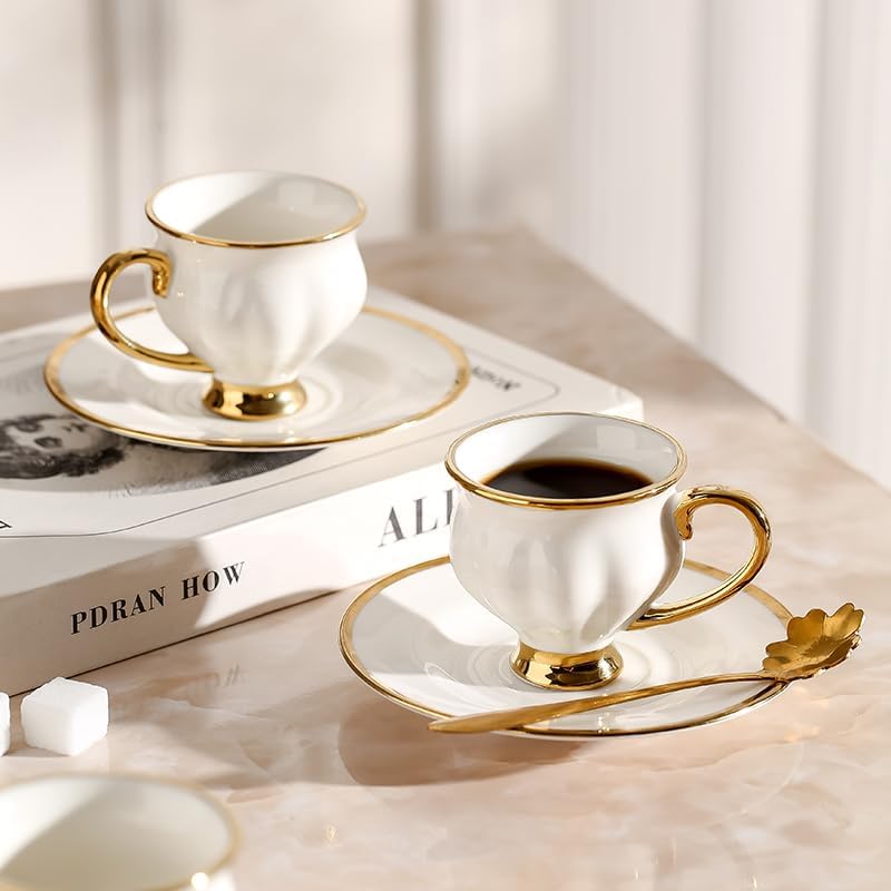 Ceramic coffee cups and saucers, 6 cups 6 saucers 6 spoons, 18 pieces 3 ounce gold rim cup sets, teacup tea set sets, suitable for cappuccino, latte, mocha (Contemporary)