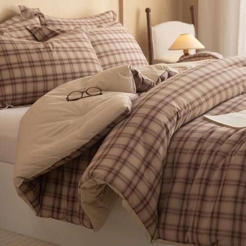 Image of Cyusri Cotton Plaid Full Comforter Set - Soft Lightweight Bedding 3 Pieces Dyed Bed Set with 2 Pillow Shams,Reversible All Season Farmhouse Down Alternative(Full Size 80 inchx90 inch Taupe Plaid)