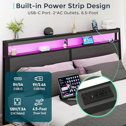 Image of SADENICEL King Bed Frame with Storage Headboard and 4 Drawers, Metal Platform Bed Frame with LED Light, Charging Station, No Box Spring Needed, Noise Free, Easy Assembly, Rustic Grey