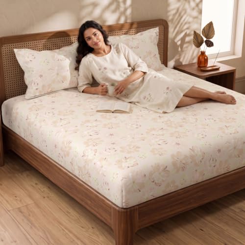 Image of Huesland by Ahmedabad Cotton 144 TC Cotton Bedsheet for Double Bed King Size with 2 Pillow Covers | Moccasin, Pastle Orange & Antique White