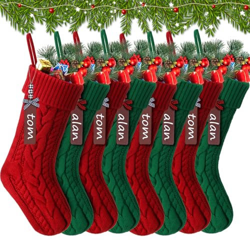 Jenaai 8 Set Christmas Stockings, 18 Inch Large Knitted Xmas Hanging Stocking Decorations with 8 Name Tags 1 Marker Double Sided Stockings for Christmas Decor Gifts (Red Green,Cable)
