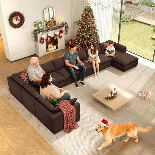 Vesgantti 141.7" Oversized Boneless Sectional Couch, Modern 7 Seater Modular Sofa with Chaise & Ottoman, Deep Seat Corduroy Cloud Couches for Living Room, No Assembly Required, Dark Brown - Thumbnail 2