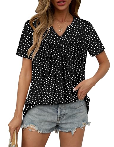 KISSMODA Tops for Womens Summer Cute Short Sleeve Shirts Trendy Notched Neck Blouses Casual Loose Pleated Tunics S-3Xl