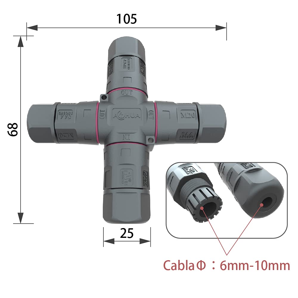 AOHUA 4 Way 3pin Junction Box IP68 Waterproof Power Cable Connector Ø5.0 mm - 9.5 mm Range (AC 300 v, 20A), UL (2 Per Pack) for Outdoor Billboards, Tunnel Lights, Road Landscape Lights, Etc