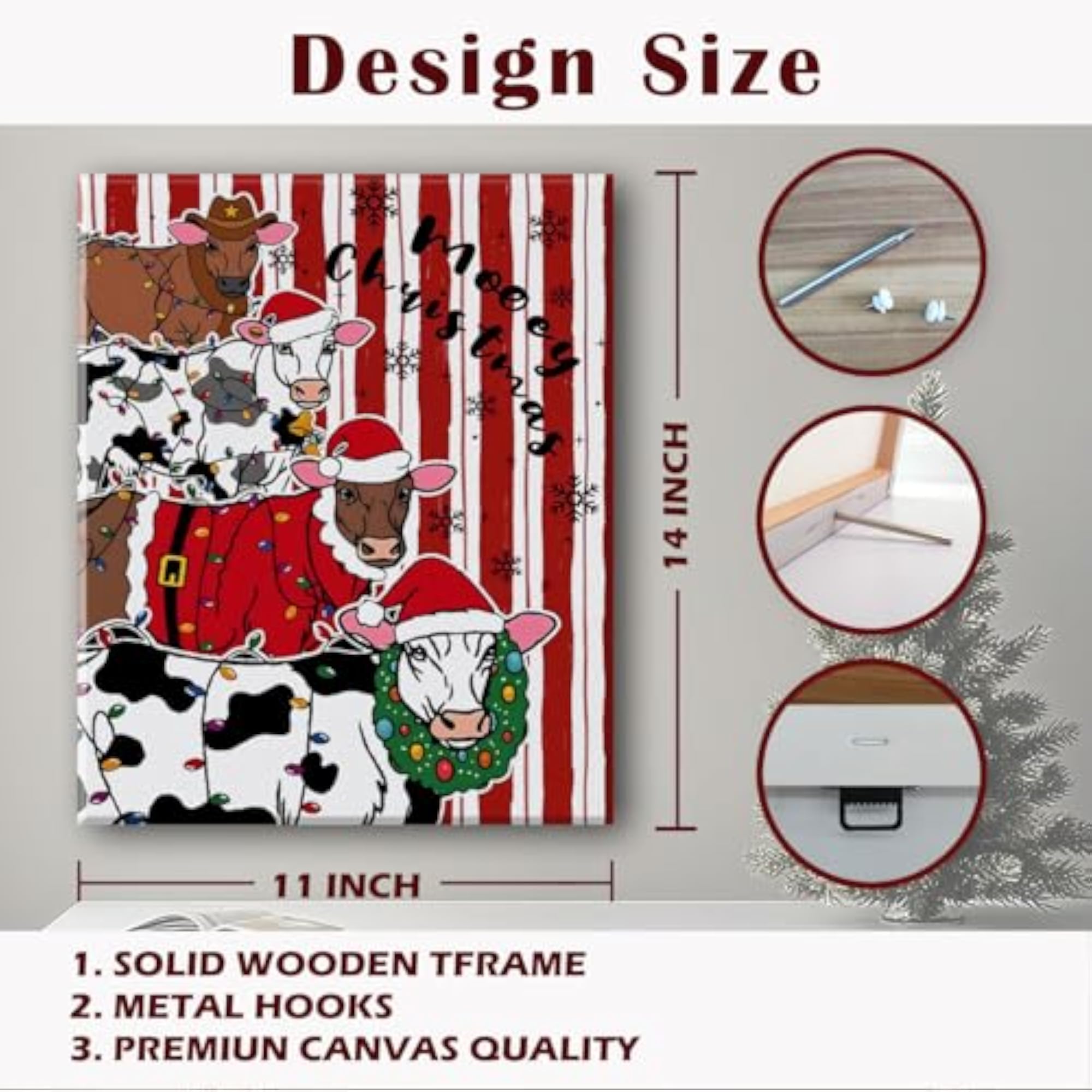 Funny Christmas Cow Canvas Wall Art, Rustic Decor