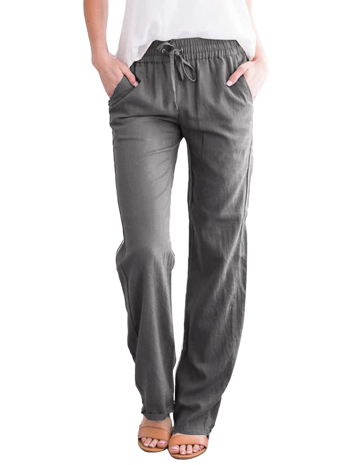 Yuson Girl Pantaloni Donna Tinta Unita Casual Pantaloni Elastico Pantaloni Leggeri Estivi Traight con Coulisse Pants Pantaloni in Cotone e Lino con Tasche