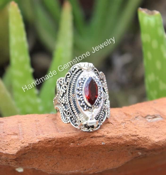 Natural Garnet Poison Box Ring Secret Ring Marquise Stone Ring January Birthstone Ring Red Stone Ring Artisan Design Poisoner Ring Antique Poison Ring Red Marquise Cut Stone Ring Garnet Jewelry