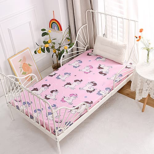 Image of Bedding Fitted Sheet with Deep Pocket,Thicken Printed Fabric Bed Sheets (Pink(Unicorn), Twin)