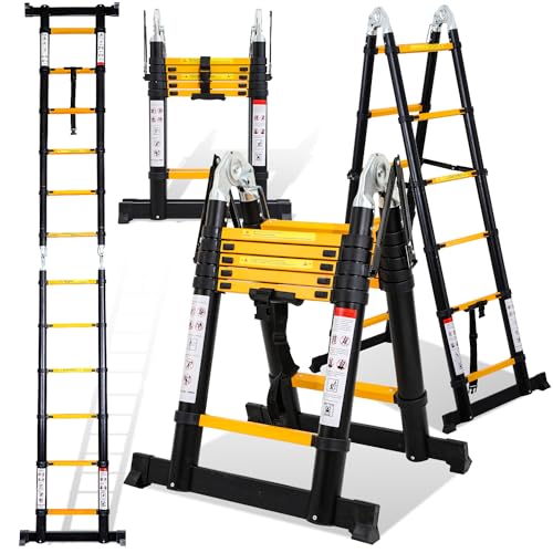Eulenke Echelle Telescopique 3,8m/1,9m+1,9m, échelles télescopiques avec stabilisateur, echelle Pliante Charge maximale:150 kg, escabeau telescopique en Aluminium 6+6 Echelons, Noir et Jaune