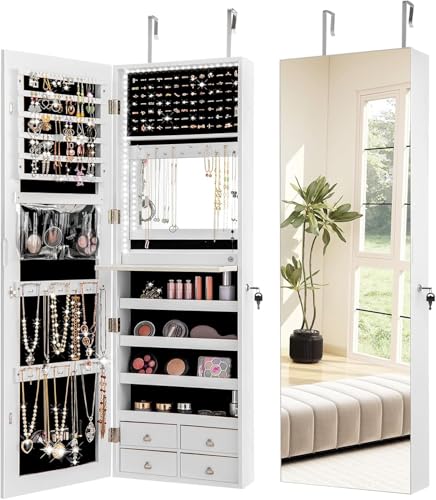 GOPLUS Espejo Joyero con LED, 120 x 37 x12 cm, Armario con Espejo de Pared y en Puerta, Organizador para Pendientes, Collares con Almacenaje, Decoracion Dormitorio Blanco