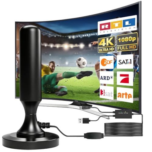 Antena TDT DVB-T2 con Amplificador Potente, Antena TV Interior Exterior con Base Magnética, 4K Full HD Recepción Sin Parabólica, Cable 5m Compatible con Receptores DVB-T y DVB-T2