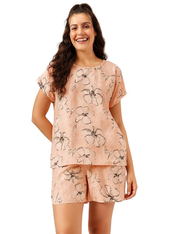 Women's Rayon Floral Print Top and Shorts Nightsuit Lounge Set