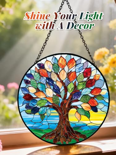 Stained Glass Window Hanging, Colorful Tree of Life Suncatcher for Door Home Decor, Glass Panel Sunrise Sun Catcher Ornament Mother's Day Birthday Gifts for Women Men Mom 7.8 in — view 2