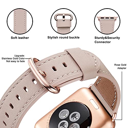 WFEAGL Compatible iWatch Band 41mm 40mm 38mm, Top Grain Leather Band with Gold Adapter(Same as Series 6/5/4/3 with Gold Aluminum Case in Color) for iWatch SE & Series 7/6/5/4/3/2/1(Pink Sand+Rosegold)