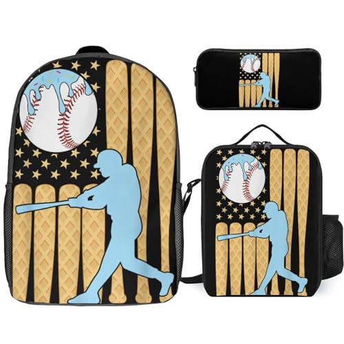 Baseball Drip Dripping Ice Cream American Flag Backpack Set 3 Pieces Backpacks Lunch Bag Wallet For Travel Outdoor Sports