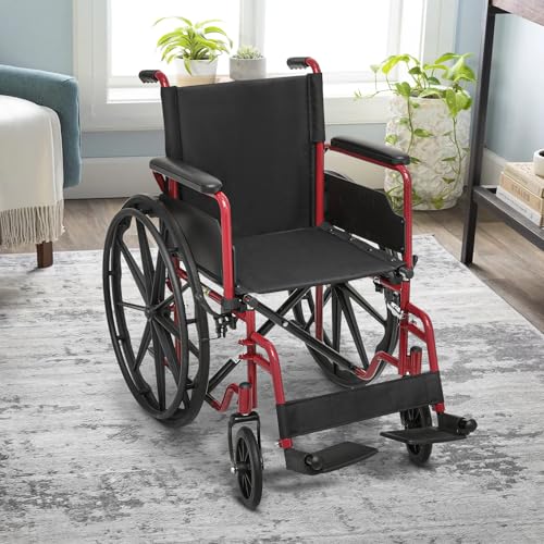 monicare-Wheelchairs-for-Adults-Transport-Flip-Back-Padded-Arms-and-Detachable-Swing-Away-Footrests-18-Wide-Seat-Wheel-Chair-300lb-Capacity-Red