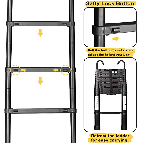 Telescoping Ladder 10.5Ft Aluminum Loft Extension Multi-Purpose Ladder W/Non-Slip Feet Detachable Hooks And Safety Lock,For Household And Outdoor Working,Max Load 330 Lb,En131 Certificated #TOP1