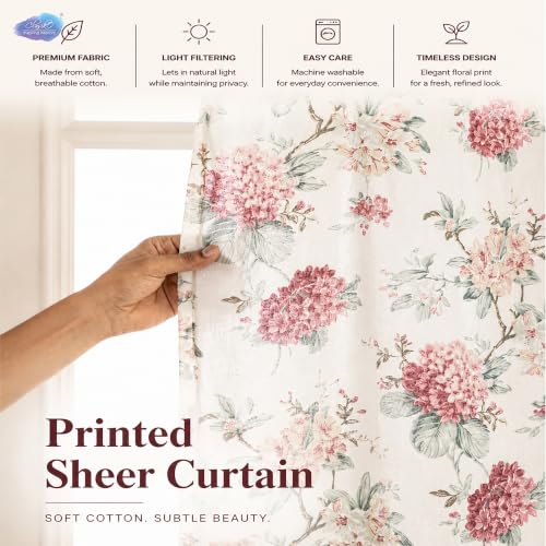 Image of Clasiko Block Print Sheer Window Curtains; 40% Light Filtering Linen Textured Curtains with Eyelets & Tieback | Set of 2 | 54x60 Inches / 5 Feet | Blush Orchid