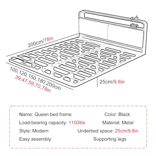 Estrutura De Cama Queen Preta, Estrutura De Cama Tamanho Completo Com Lâmpada De Indução, Estrutura
