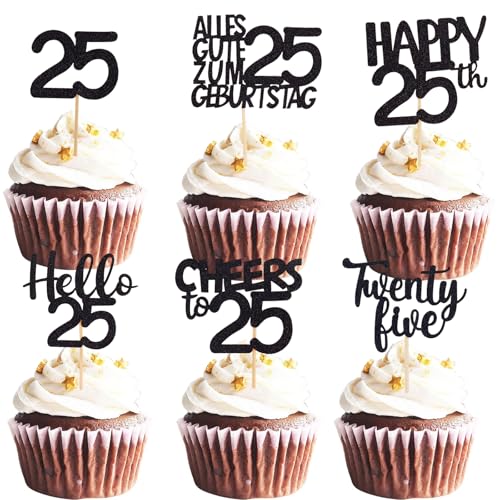 ALEGRE Cupcake Topper 25 Geburtstag Mann, 24 Stück Muffin Deko 25 Geburtstag Frau, Schwarz Glitzer Cupcake Deko 25. Geburtstagdeko, Happy 25th Tortendeko 25 Geburtstagdeko, 2000 Kuchen Deko 25